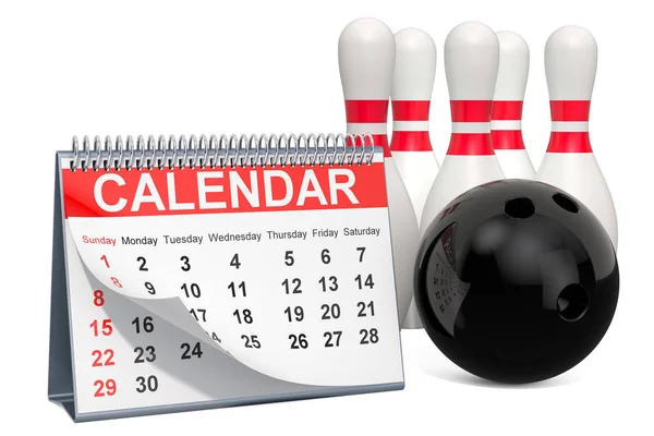 Bowling ball and skittles with calendar, bowling events calendar — Stock Photo, Image