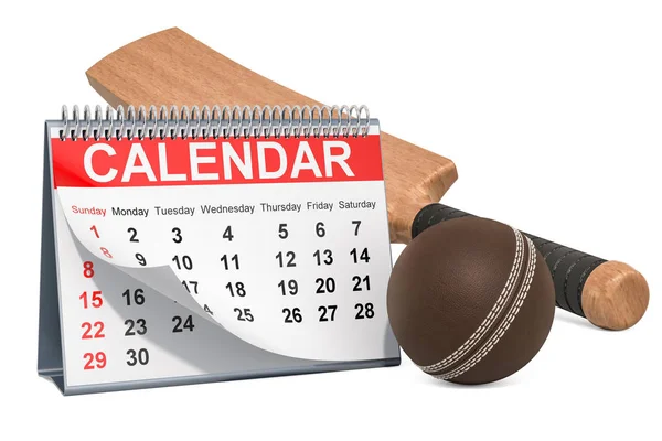 Μπάλα του κρίκετ και νυχτερίδα με το ημερολόγιο, το ημερολόγιο των εκδηλώσεων κρίκετ — Φωτογραφία Αρχείου