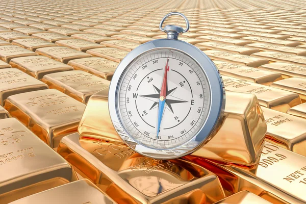 Gold ingots background with compass, 3D rendering — Stock Photo, Image