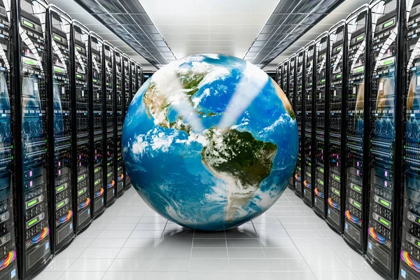 Earth Globe inside data center, server room. Global internet con