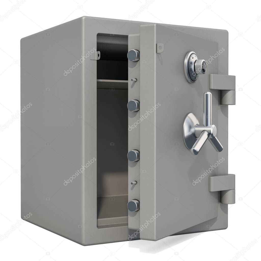 Opened safe box with combination lock closeup, 3D rendering