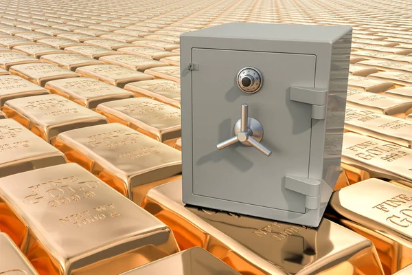 Combination Safe Box on the golden ingots backdrop, 3D rendering