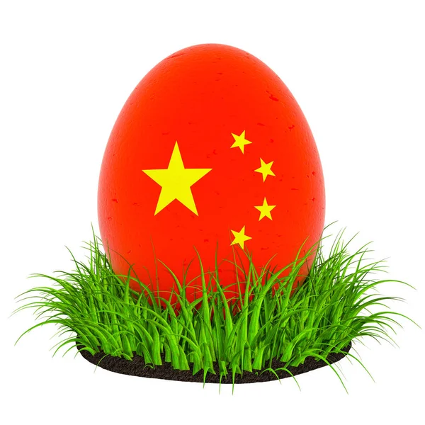 緑の草の中に中国の旗を持つイースターエッグ、3Dレンダリング — ストック写真