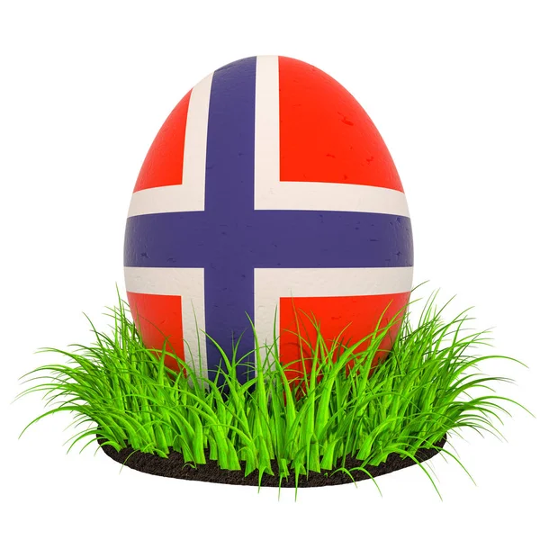 緑の草の中にノルウェーの旗を持つイースターエッグ、3Dレンダリング — ストック写真