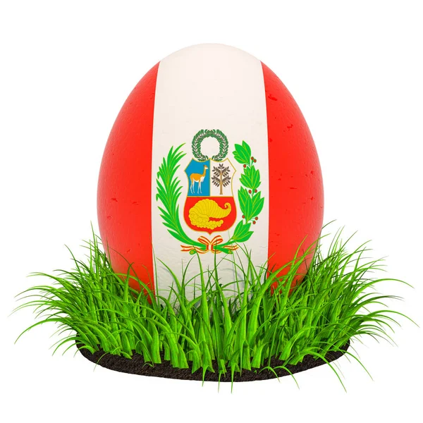 Πασχαλινό αυγό με σημαία του Περού στο πράσινο γρασίδι, 3D απόδοση — Φωτογραφία Αρχείου