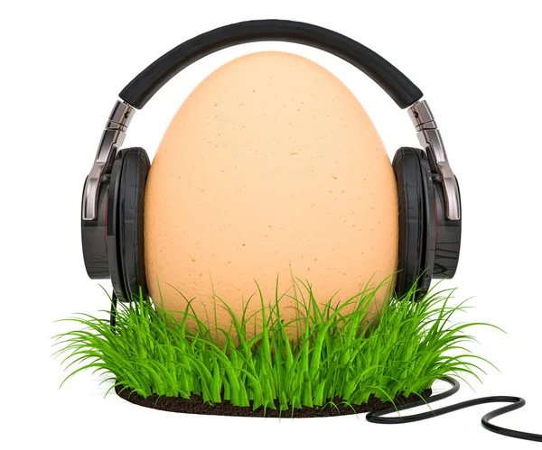 Huevo con auriculares en la hierba verde, representación 3D —  Fotos de Stock