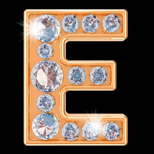 Золота літера Е з діамантами. 3D візуалізація — стокове фото