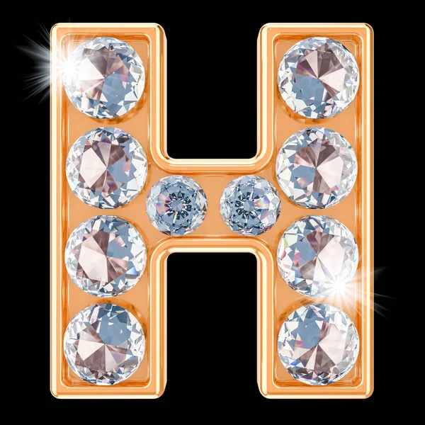 Carta dourada H com diamantes. Renderização 3D — Fotografia de Stock