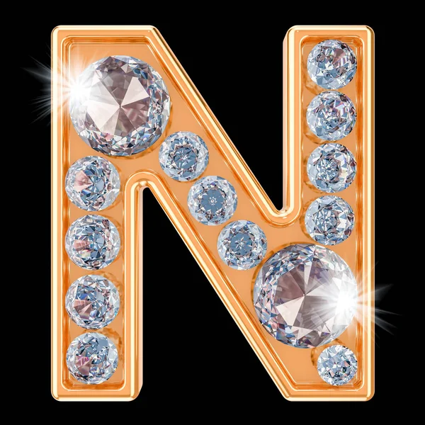 Zlaté písmeno N s diamanty. prostorové vykreslování — Stock fotografie