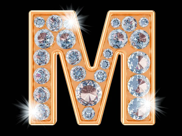 Złoty list M z diamentami. Renderowanie 3D — Zdjęcie stockowe