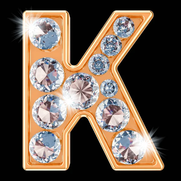 Golden letter K with diamonds. 3D rendering — Stock Photo, Image