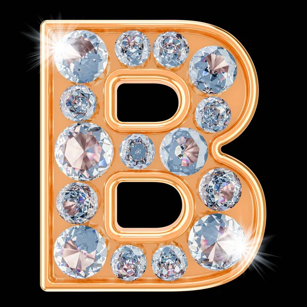 Carta dourada B com diamantes. Renderização 3D — Fotografia de Stock