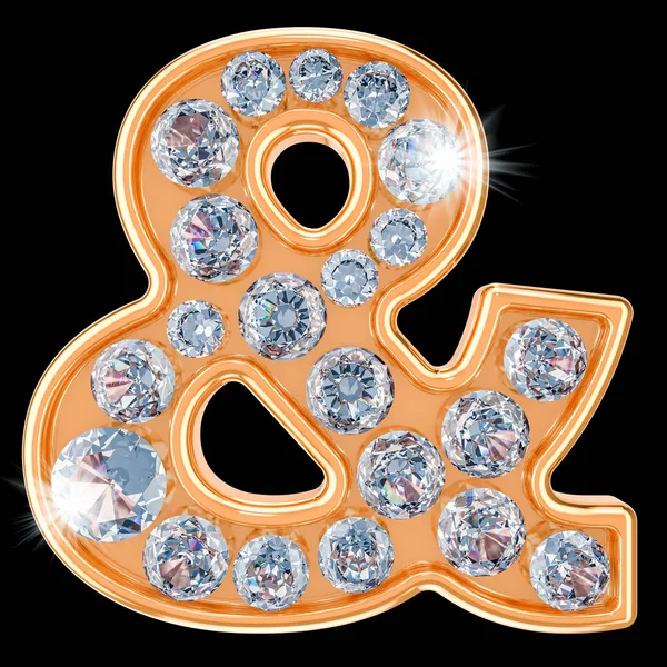 Ampersand símbolo dourado com diamantes. Renderização 3D — Fotografia de Stock