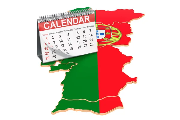 Skrivbordskalender på Portugals karta. 3D-rendering — Stockfoto