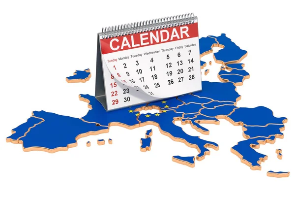 Calendário de secretária no mapa da União Europeia. Renderização 3D — Fotografia de Stock