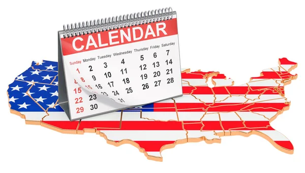 Skrivbordskalender på kartan över USA. 3D-rendering — Stockfoto