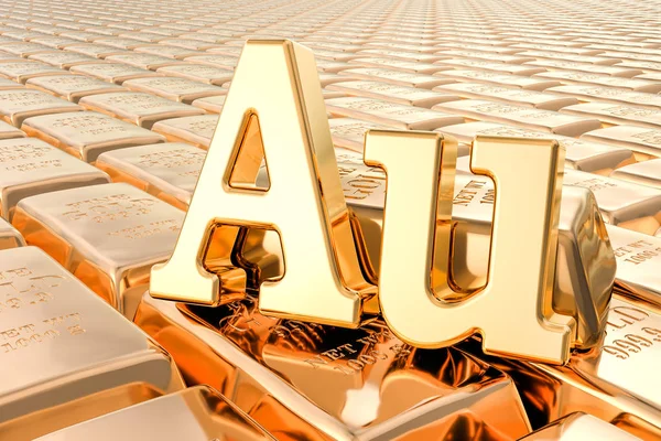 Gold ingots background with Au symbol. 3D rendering — Stock Photo, Image