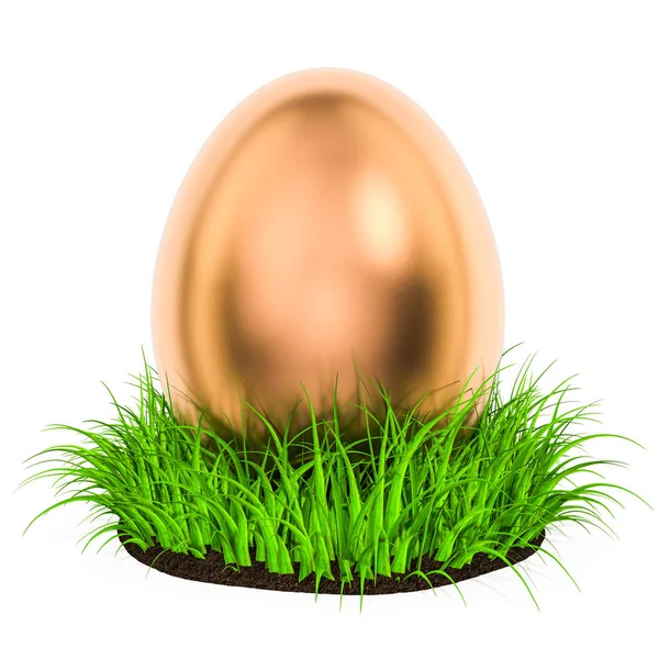 Aranytojást a zöld fű, húsvéti koncepció. 3D-leképezés — Stock Fotó