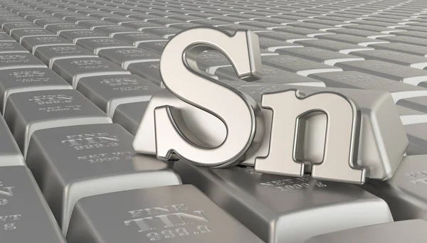 Tin ingots background with Sn symbol. 3D rendering — Stock Photo, Image