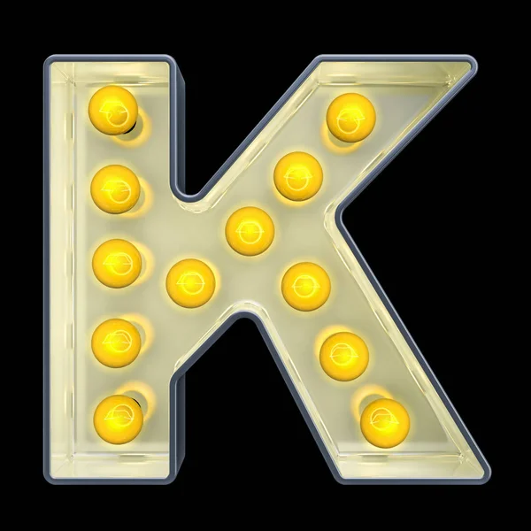 Żarówek litera K, retro świecące czcionki. Renderowanie 3D — Zdjęcie stockowe