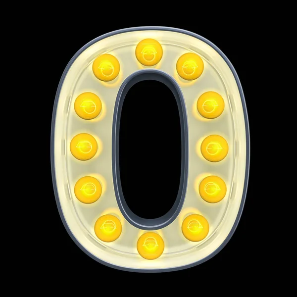 Glühbirne Nummer 0, leuchtende Retro-Schrift. 3D-Darstellung — Stockfoto