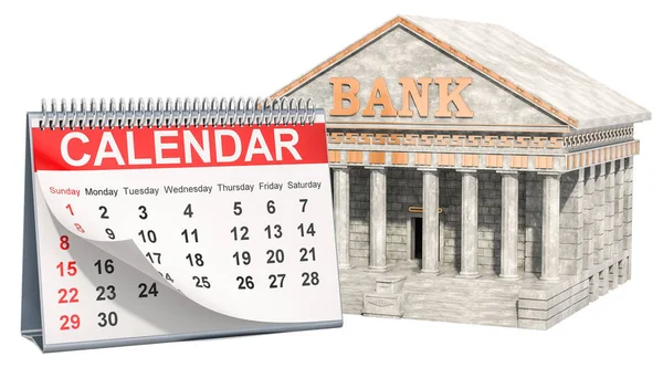 Financial calendar concept. Desk calendar with bank, 3D renderin — Stock Photo, Image