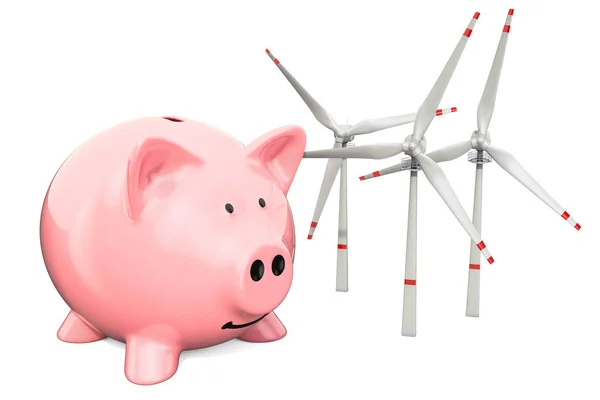 Piggy bank with wind turbines. Saving energy consumption concept — Stock Photo, Image