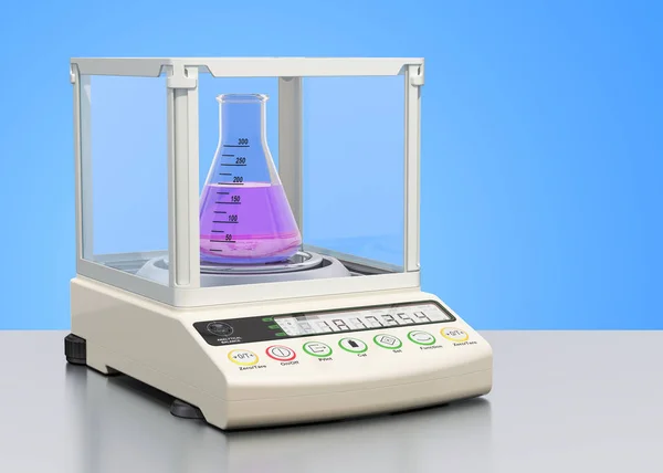 Balanza analítica, escala de laboratorio digital con matraz químico en el — Foto de Stock
