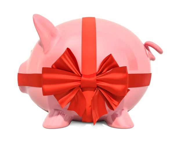 Piggy Bank piros íj és szalag, ajándék koncepció. 3D-leképezés — Stock Fotó