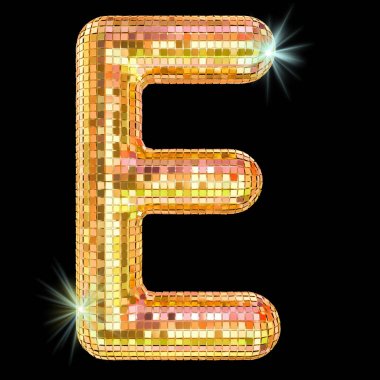 Disco font, letter E from golden glitter mirror facets. 3D rende clipart