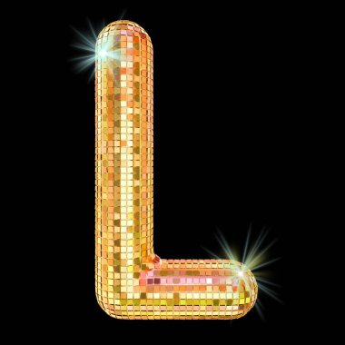 Disco font, letter L from golden glitter mirror facets. 3D rende clipart