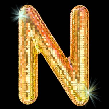 Disko yazı tipi, altın parıltılı ayna yüzlerinden N harfi. 3d randevu