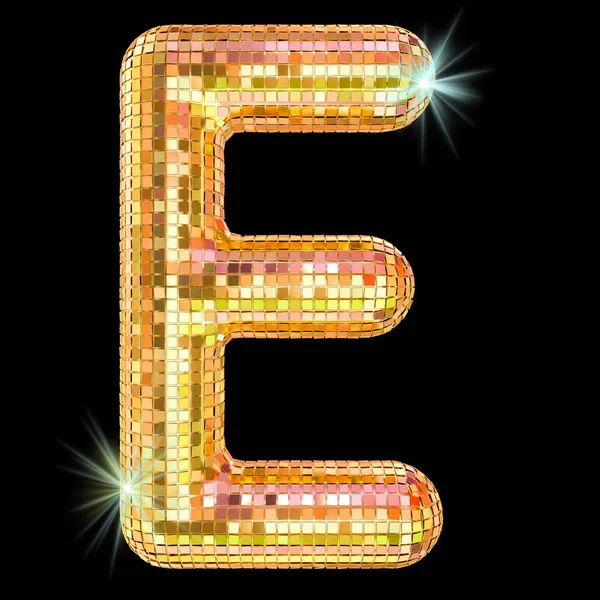 Disco lettertype, letter E van gouden glitter spiegel facetten. 3D rende — Stockfoto