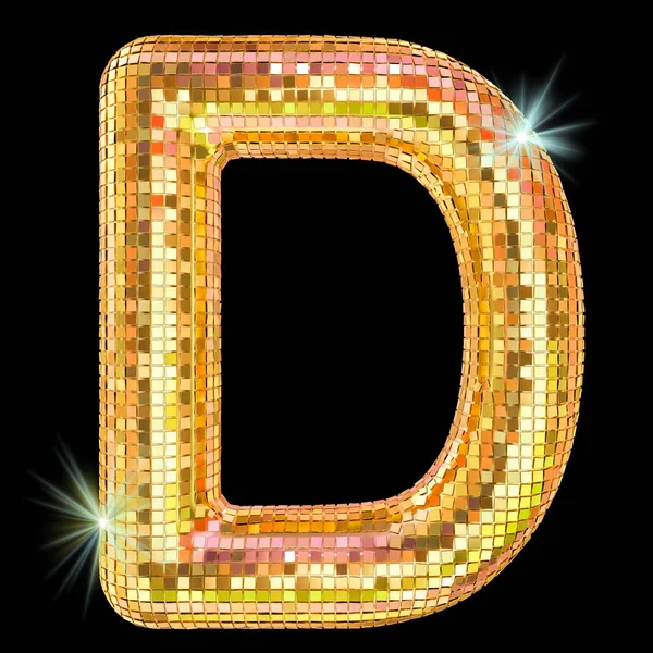 Disco lettertype, letter D van gouden glitter spiegel facetten. 3D rende — Stockfoto