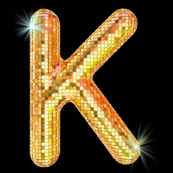 Disco font, letter K from golden glitter mirror facets. 3D rende — Stock Photo, Image