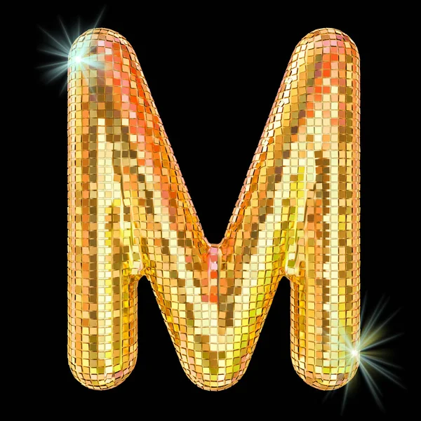 Disco lettertype, letter M van gouden glitter spiegel facetten. 3D rende — Stockfoto