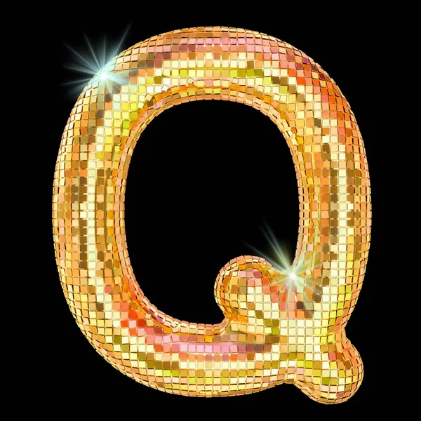 Disco lettertype, letter Q van gouden glitter spiegel facetten. 3D rende — Stockfoto