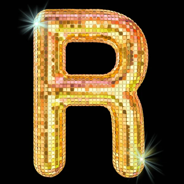 Disco font, letter R from golden glitter mirror facets. 3D rende — Stock Photo, Image