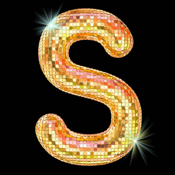 Disco font, letter S from golden glitter mirror facets. 3D rende