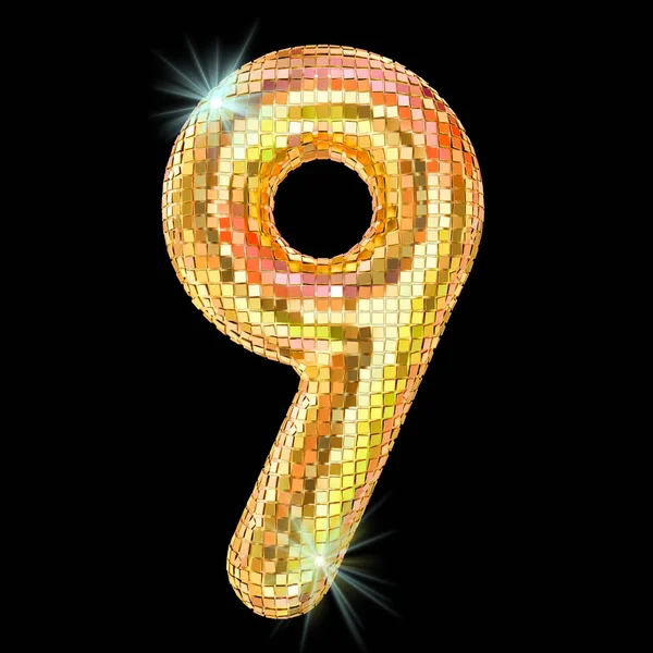 Disco lettertype, nummer 9 van gouden glitter spiegel facetten. 3D rende — Stockfoto