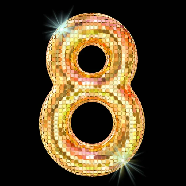 Disco lettertype, nummer 8 van gouden glitter spiegel facetten. 3D rende — Stockfoto