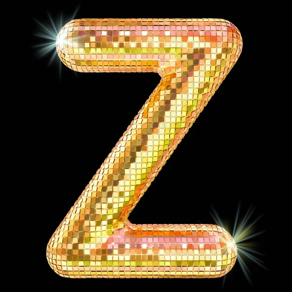 Disco font, letter Z from golden glitter mirror facets. 3D rende