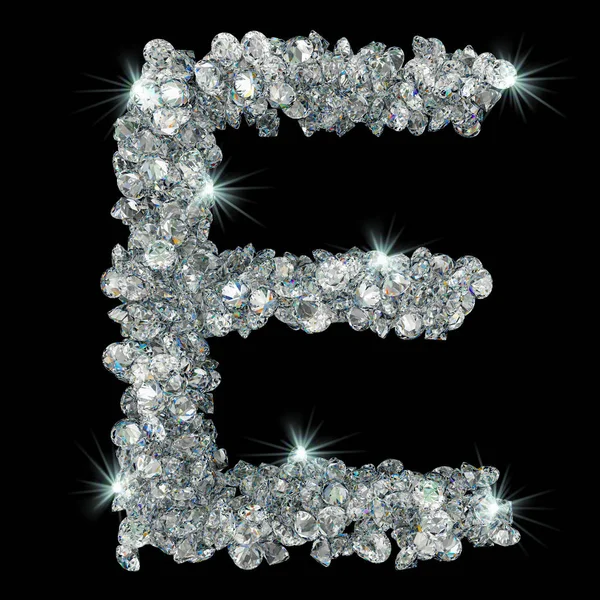 Bokstaven E från diamanter. 3D-rendering — Stockfoto