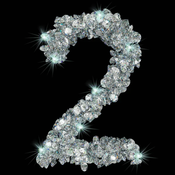 Nummer 2 aus Diamanten. 3D-Darstellung — Stockfoto