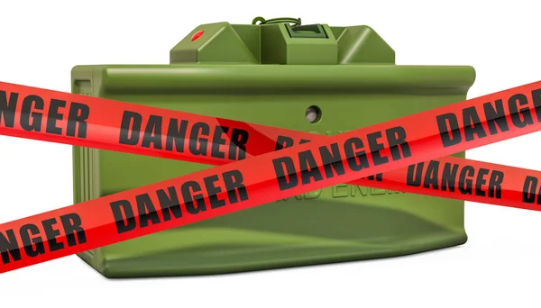 Danger caution barrier tapes with anti-personnel mine, 3D render — Stock Photo, Image