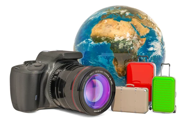 Travel concept with digital single-lens reflex camera, 3D render — Stock Photo, Image