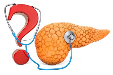 Human pancreas with question mark and stethoscope. Research and  clipart