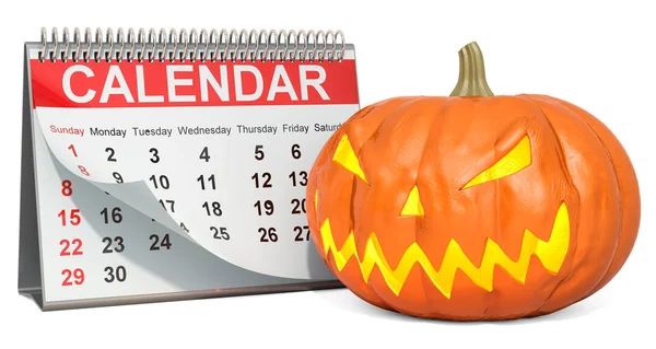 Halloween-Konzept. Schreibtischkalender mit Halloween-Kürbis, 3d rend — Stockfoto