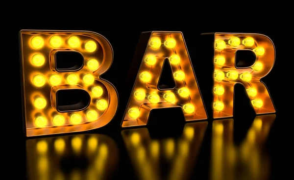Bar signboard from golden light bulb letters, retro glowing font — Stock Photo, Image