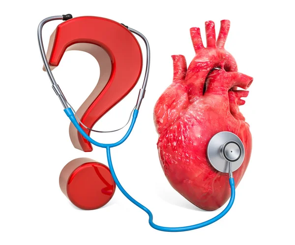 Человеческое сердце с вопросительным знаком и стетоскопом. Диагностика и tr — стоковое фото